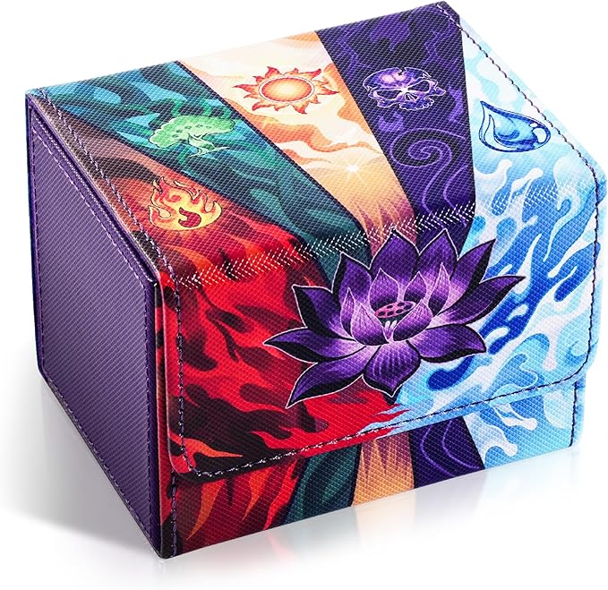 UAONO Card Deck Box for MTG, Trading Cards Storage Box Holds 120+ Sleeved Commander Deck, PU Leather Card Box Suits TCG Magic with 2 Dividers (Black,Lotus)