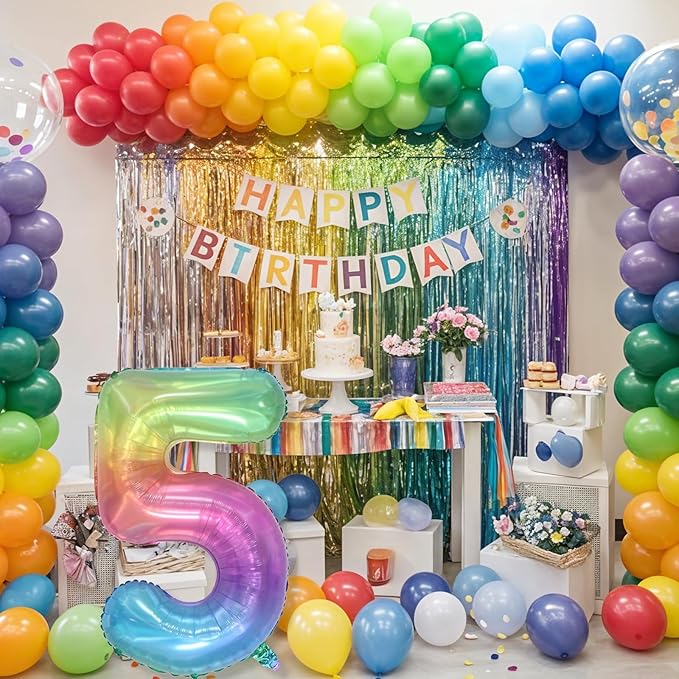 Big Number 5 Balloons, Rainbow Foil 5 Balloon Numbers 40 Inch, Giant 5th Birthday Party Decor, Mylar Helium Self Inflating Colorful Multicolor Jelly Balloon for Kids Birthday Anniversary Decorations