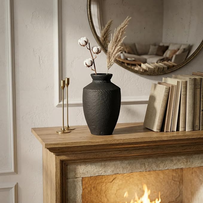 Black Rustic Ceramic Vase - 10 Inch Large Pottery Flower Vases for Home Decor Farmhouse Minimalist Vase for Living Room Centerpiece for Fireplace Entryway Shelf Kitchen Decor