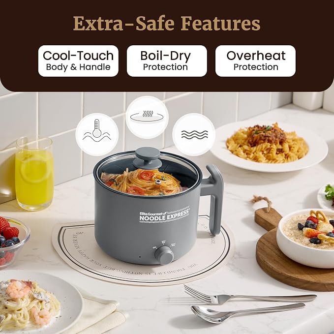 Elite Gourmet Noodle Express Electric Hot Pot, Ceralast Non-Stick, Grey | Cool-touch handle - PFAS-free ceramic coating - prepares noodles, soups & stews - glass lid - 2 heat settings, High/Low