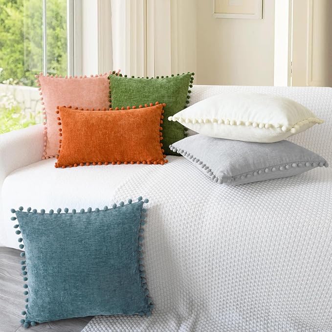 CaliTime Decorative Couch Throw Pillow Covers 20 X 12 Inches Smoke Blue | Pack of 2, Cozy Chenille Cushion Cases, with Pom Poms for Sofa Bed Living Room Farmhouse Home