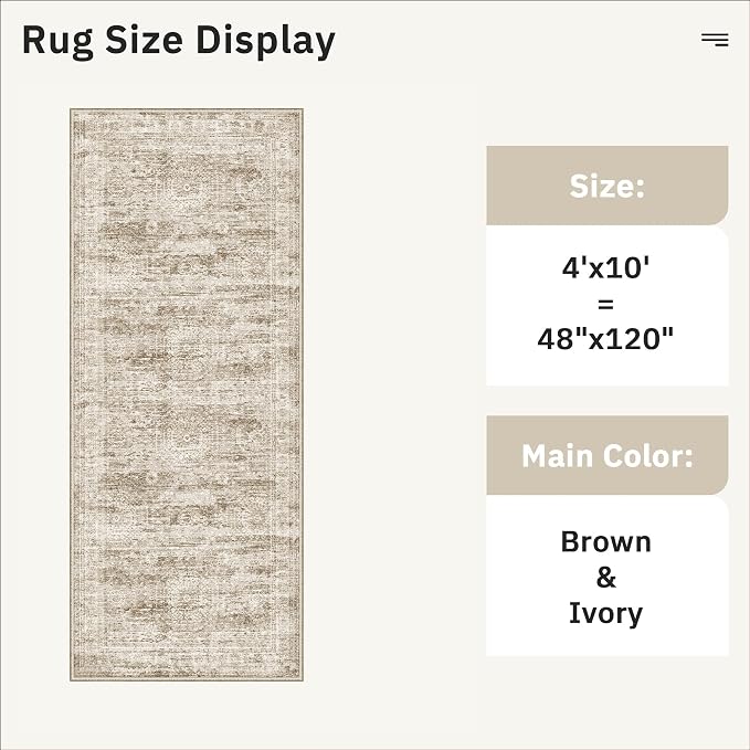 Soalmost Washable 4x10 Hallway Runner Rug Non-Slip Kitchen Entry Rugs Brown | Vintage Wide Runners for Living Dining Room Entryway, Stain Resistant Low-Pile Long Floor Carpet 10ft for Corridor Bedroom