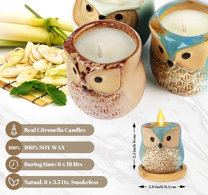 Kinforse Citronella Candles Outdoor Gift Ideas for Women, 6x3.5oz Novelty Owl Soy Candles for Gift Sets Women, Aromatherapy Candles Bulk for Garden, Porch, Outdoor Patio Décor