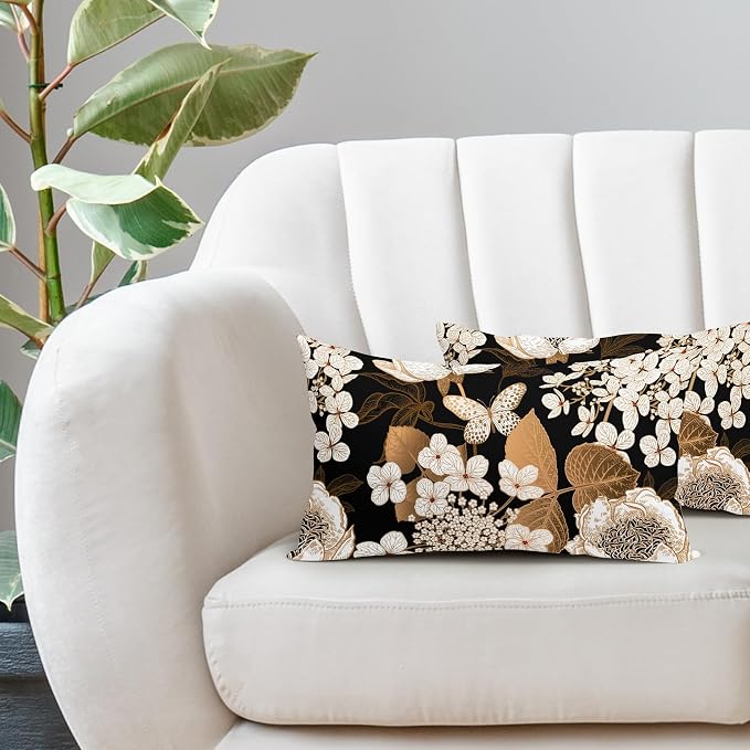 Vintage Floral Lumbar Pillow Covers 12X20 Inch Set of 2 White Flowers Gold Leaves Botanical Decorative Pillow Cases Rustic Leaf Black Cotton Linen Cushion Case Farmhouse Home Decor For Sofa Couch