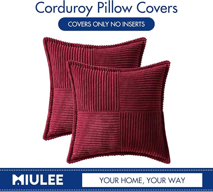 MIULEE Decorative Throw Pillow Covers for Couch 18x18 Inch Burgundy 2 Pack | Boho Broadside Striped Patchwork Pillow Covers, Soft Corduroy Cushion Cases, For Sofa Bed Livingroom Home Decor