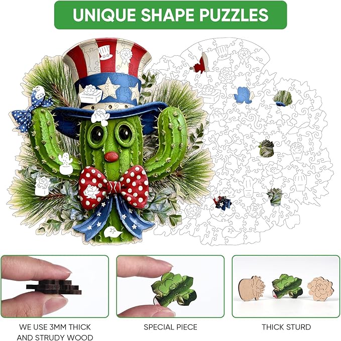MEATRN Puzzles for Adults - Playful Cartoon Cactus Design with Hat Wooden Puzzles, Unique Plants Wood Jigsaw Puzzle for Friends and Children Gift, Family Game, 491 Pcs, 17 x 16.9in