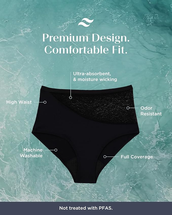 saalt Lace High Waisted Period Underwear | Leakproof, Silky Soft, Recycled Fabric, Full Coverage
