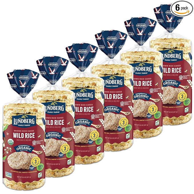 Lundberg Rice Cakes, Organic Wild Rice, Lightly Salted, 6-Pack – Regenerative Organic Certified Rice Cakes, Healthy Snacks, Gluten-Free & Vegan, 8.5 Oz Ea
