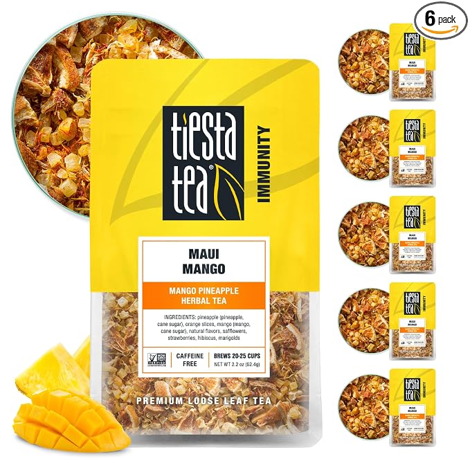 Tiesta Tea - Maui Mango, Loose Leaf, Mango Pineapple Herbal Tea, Premium Non-Caffeinated Fruit Blend, Make Hot or Iced & Brews Up to 25 Cups, 13.2 Ounce Resealable Pouch, Pack of 6
