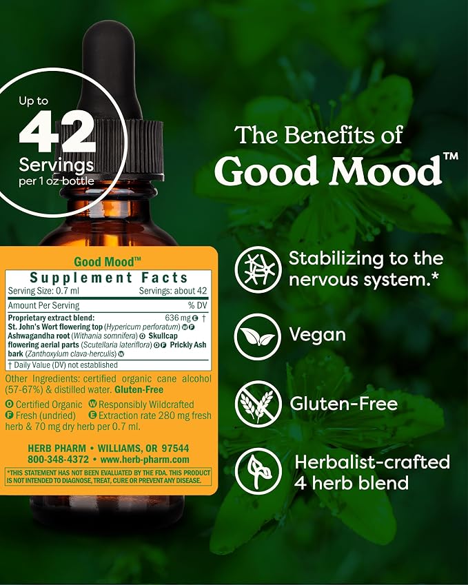 Herb Pharm Good Mood Support Supplement: with St. John's Wort & Certified Organic Ashwagandha | Positive Mood & Emotional Balance Support Tincture| Fast-Absorbing, Non-GMO |Up to 2 Week Supply, 1 oz*
