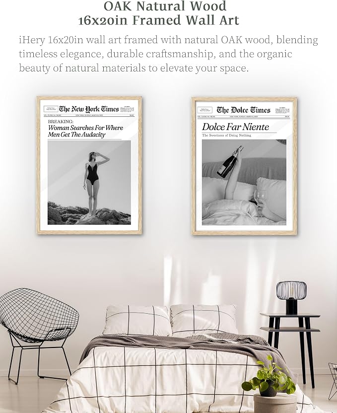 iHery 16x20in Where Men Get the Audacity Framed Newspaper Wall Art | Natural OAK Wood Frame with Canvas Print, Funny Magazine Decor for Bathroom, Bedroom, Girl Dorm and Living Room, 1Pack