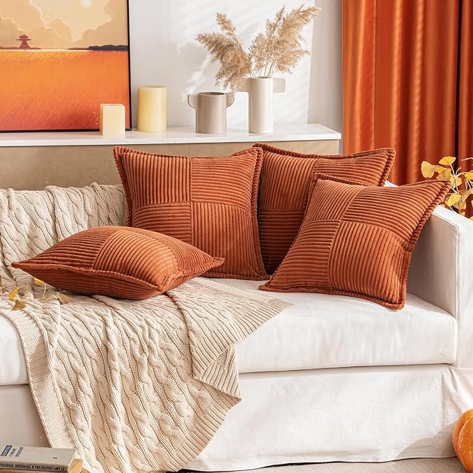 MIULEE Fall Burnt Orange Decorative Throw Pillow Covers for Couch 12x12 in | 2 Pack, Terracotta Boho Broadside Striped Patchwork Pillow Covers, Soft Corduroy Cushion Cases, For Sofa Bed Livingroom