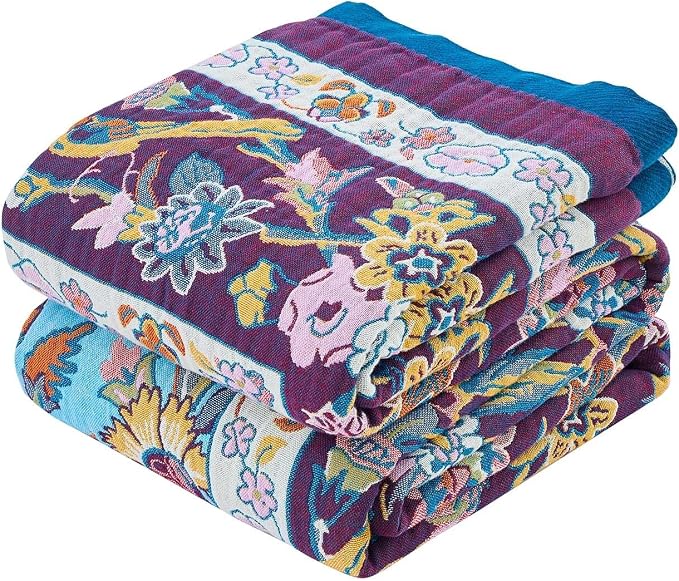 XIBLC Fall Blanket for Bed, 100% Cotton Soft Rustic Boho Throw Blanket Quilt, 90"x98" Farmhouse Decor Bed Flower Blankets, Light Weight Reversible Bohemian Throw Quilt