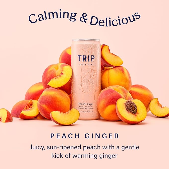 TRIP Lightly Sparkling Adaptogen Drink, Non Alcoholic Drink with Magnesium, Ashwagandha, Lions Mane & L Theanine, No Added Sugar Mocktail, Vegan, Peach Ginger, 12 Oz, 12Pk