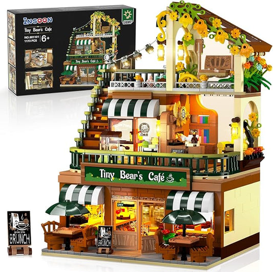 City Coffee House Building Set with Light, 1173 PCS Cafe Shop Building Block Toy with Ordering Counter Baking Room, Architecture Construction Model for Adults Teens Kids Boys Girls Ages 6-12+