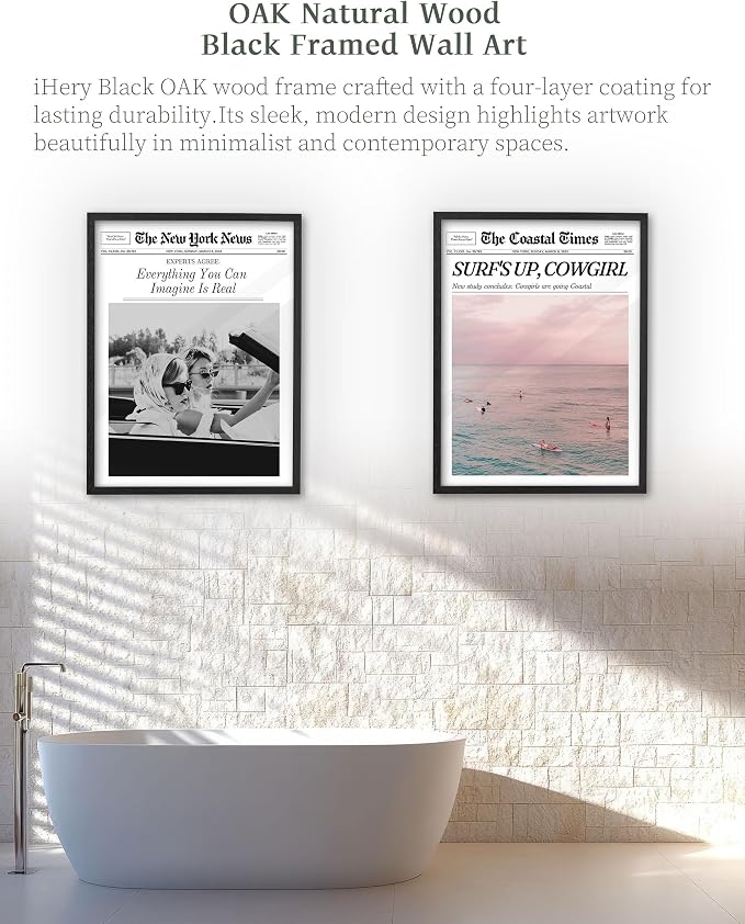 iHery 16x20in Surf’s Up Cowgirl Black Framed Newspaper Wall Art | Premium Black Natural OAK Wood Frame with Canvas Print, Coastal Cowgirl Decor for Bedroom, Dorm, Living Room 1Pack