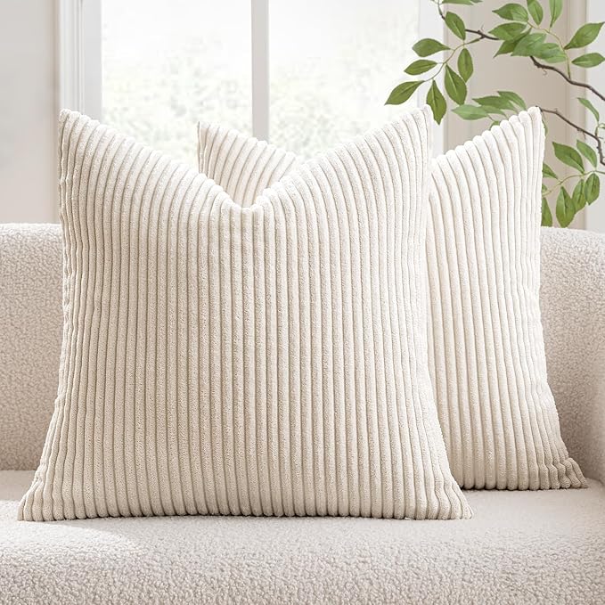 MIULEE Decorative Corduroy Throw Pillow Covers Set of 2 18x18 Cream White | Soft Striped Textured Cushion Cases, Boho Square Pillowcases Neutral Home Decor, for Couch Chair Sofa Bed Living Room
