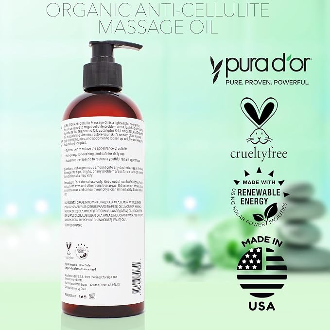 PURA D’OR 16 Oz Organic Anti-Cellulite Massage Oil for Toned Legs and Butt - Lemon Peel, Moringa, Grape Seed, Grapefruit & Eucalyptus Oils - Skin Firming & Tightening
