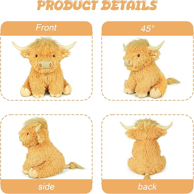 Highland Cow Weighted Stuffed Animals, 4 Lbs Yellow Highland Cow Plush 13.7 Inches, Surprise Weighted Stuffed Animals Gift for Kids Birthdays, Halloween, Christmas (Yellow)