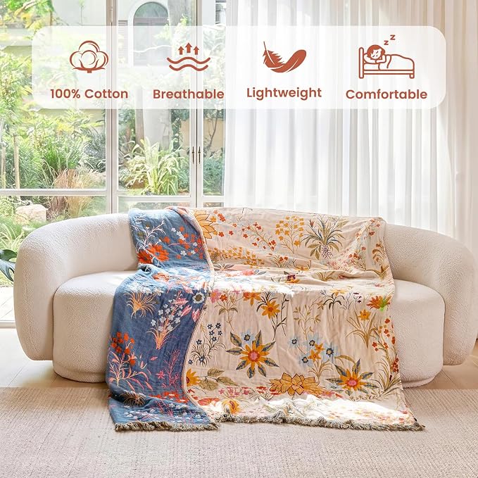 MSGKV Boho Throw Blanket 60"x80" Cotton Floral Twin Blanket for Couch Bed | 100% Cotton Muslin, Twin Size Throw Blanket, Floral Farmhouse Decor, Soft & Breathable, Lightweight Comfort, Machine Washable