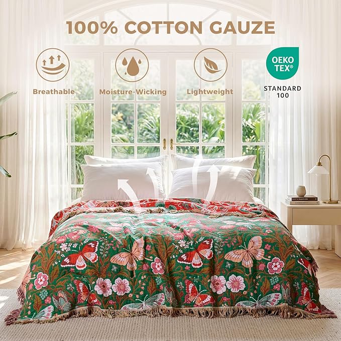 LUTBM Boho Throw Blanket for Couch 50"x60", Cotton Decorative Bed Throws | Green Reversible Floral Butterflies Jacquard, All-Season Lightweight Blankets, For Chair Sofa Bedroom Living Room