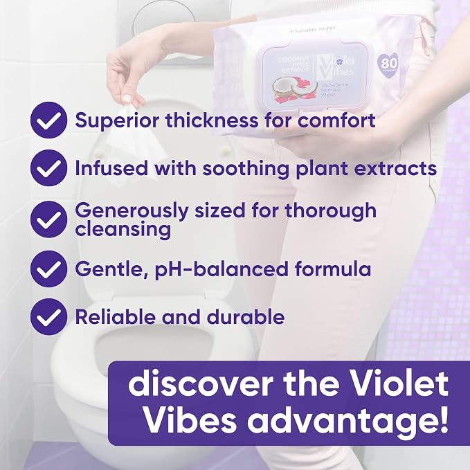 Violet Vibes Toilet-Friendly Coconut Rose Wet Wipes for Women | Butt & Vaginal Freshness | Soft, Clean, Refreshing Hygiene | Dermatologist Approved Flushable Feminine Wipe for Sensitive Skin 80 ct