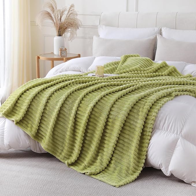 Moss Green Throw Blanket for Couch Sofa 60x80 inches Striped Design | Fleece Blankets Room Home Decor Lightweight Plush Soft Cozy Gifts for Women Mom