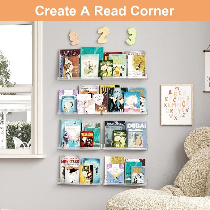 upsimples 16 Pcs 15" Acrylic Shelves for Wall Storage and Organizer, Clear | Transparent Design Highlights Skincare, Perfume, Easy-to-Find Versatile Floating Shelves for Bathroom, Bedroom and Playroom