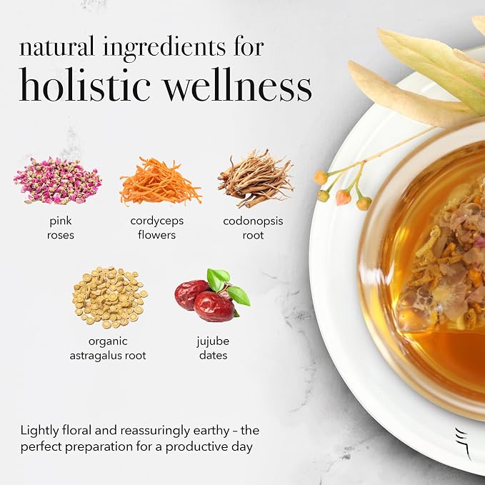 qìsane Cordyceps Tea Bags with Dried Rose Buds - Adaptogenic Cordyceps Mushroom Flowers, Dried Roses, Astragalus Root & Codonopsis Root - Caffeine Free Tea Helps Balance Body - 10 sachets (~30 cups)