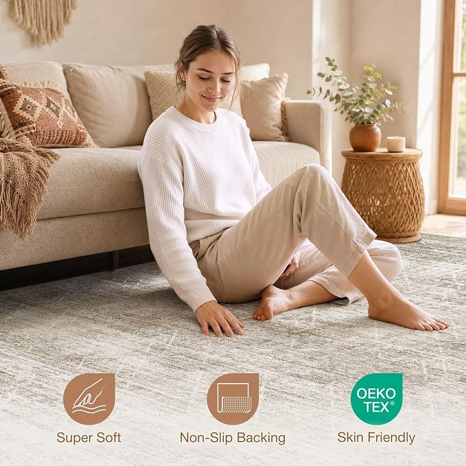 cotiled Washable Area Rugs 10x12 Living Room | Non Slip Backing, Stain Resistant, Pet Friendly, Large Neutral Soft Indoor Carpet For Bedroom, Nursery, Office, Beige/Brown