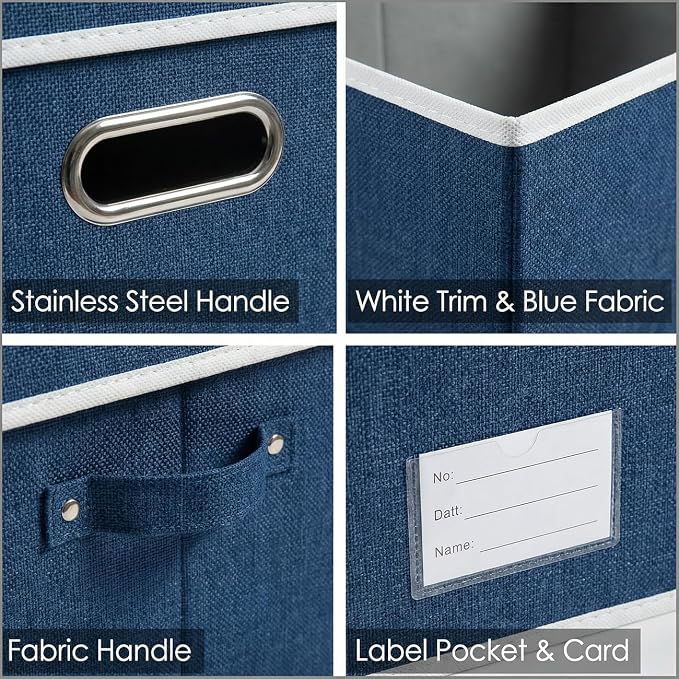 Storage Bins with Lids [3-Pack] Linen Fabric Foldable Storage Boxes Organizer Containers Baskets Cube with Cover for Bedroom Closet Office Royal Blue(23.4X15.9X11.4)