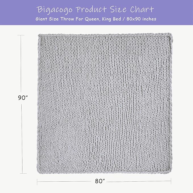 Bigacogo Chunky Knit Throw Blanket for Couch, 80x90 inches, Light Grey | Hand Knit with Jumbo Chenille, Soft Breathable Cable Knit for Sofa Bed Living Room, Machine Washable, Gift for Mom Friend
