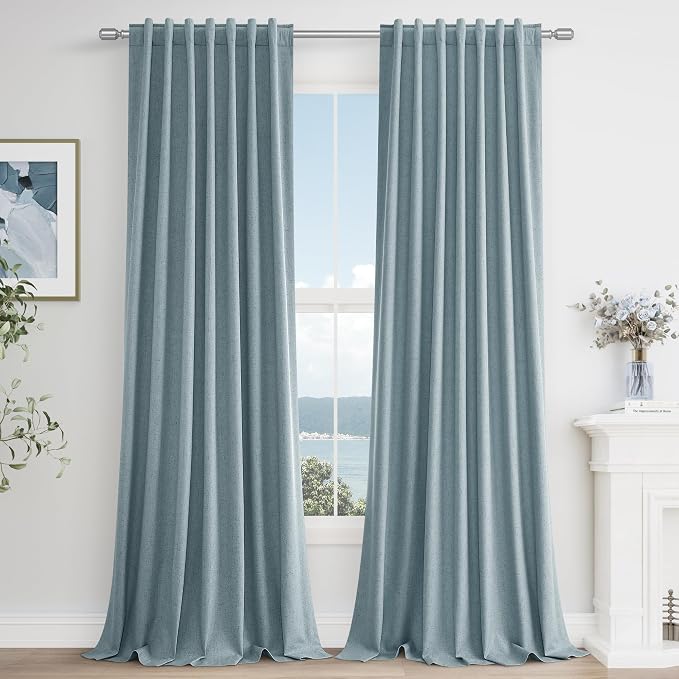 Guken Blue 100% Blackout Linen Curtains 100 Inch Length 2 Panels Set for Living Room Bedroom Back Tab Thermal Insulated Black Out Drapes Room Darkening Farmhouse Window Curtains Dusty Blue
