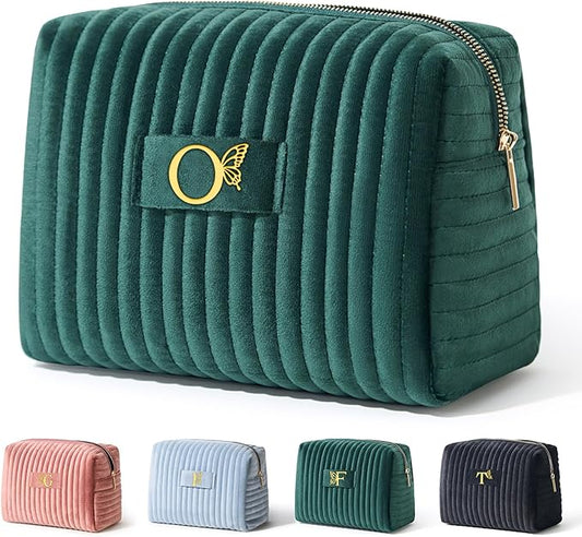 COSHAYSOO Travel Makeup Bag Quilted Make Up Pouch Initial Velvet Cosmetic Case with Butterfly Decor for Young Women 18 19 20 21 22 23 24 25 26 27 28 29 30 40 50 Year Old Birthday Gifts Green Letter O