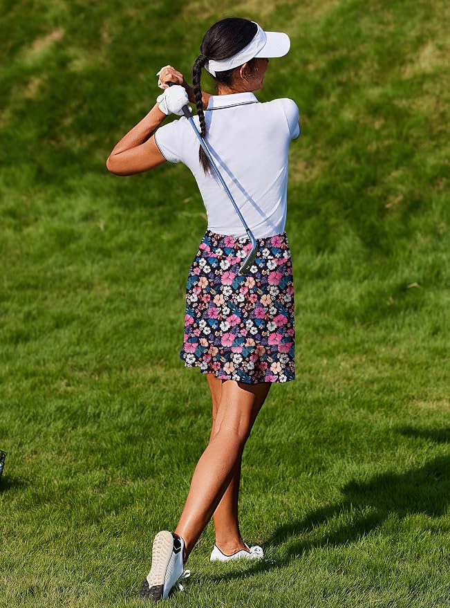 PINSPARK 18" Golf Skorts for Women with 6 Pockets Ruffle Athletic Skort | Above the Knee,High Waist,UPF 50+,4-way Stretch,Lightweight,Ruffle Hem,Tennis,Casual,Work,Pickleball