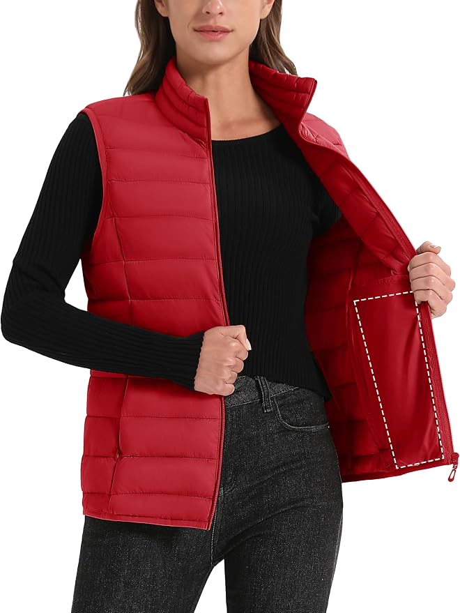 MAGCOMSEN Women's Puffer Vest Lightweight Stand Collar Zip 4 Pockets Puffy Vests Sleeveless Quilted Padded Outerwear
