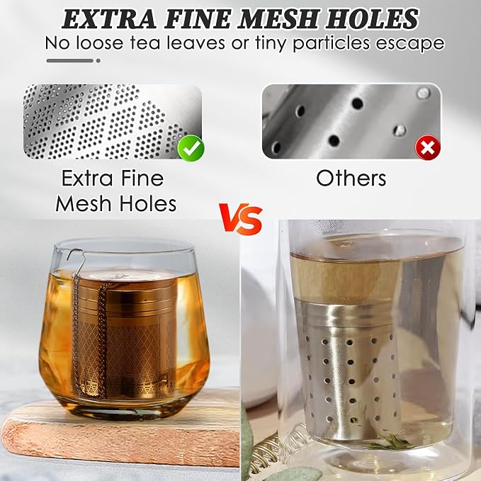 Yoassi Tea Infusers for Loose Tea, 2 Pack Extra Fine Mesh Tea Strainers, 18/8 Stainless Steel Loose Leaf Tea Steeper Tea Diffusers with Extended Chain Hook and Drip Tray