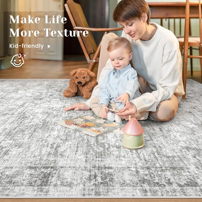 6x9 Area Rugs for Living Room: Washable Vintage Floral Rug Low Pile Non-Slip Boho Carpet for Bedroom Nursery Dining Room (Grey, 6'x9')