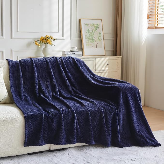 NEWCOSPLAY Fleece Leaves Pattern Throw Blanket, Dark Navy, 50"x60" | Super Soft Throw Blanket, Lightweight Cozy Bed Sofa Blanket, Premium Silky Flannel Fleece, Travel Blanket for All Season Use