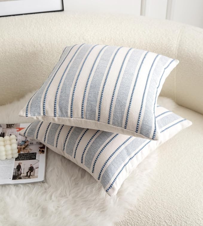Cethom Decorative Boho Throw Pillow Covers, Farmhouse Textured Pillow Case, 18 x 18 Inch Set of 2, Chair Sofa Bedroom Living Room Home Decor Couch Cushion Case, Classic Blue and Beige Striped