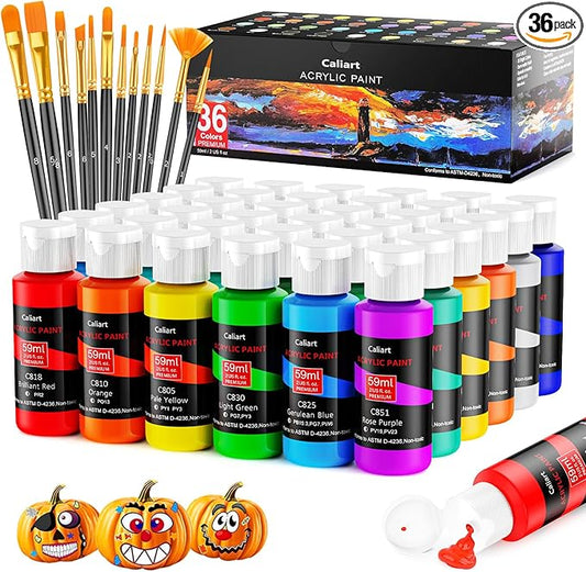 Caliart Acrylic Paint Set with 12 Brushes, 36 Colors (59ml, 2oz) Art Craft Paints Gifts for Artists Adults Beginners Painters, Halloween Pumpkin Canvas Ceramic Rock Painting Kit Art Supplies