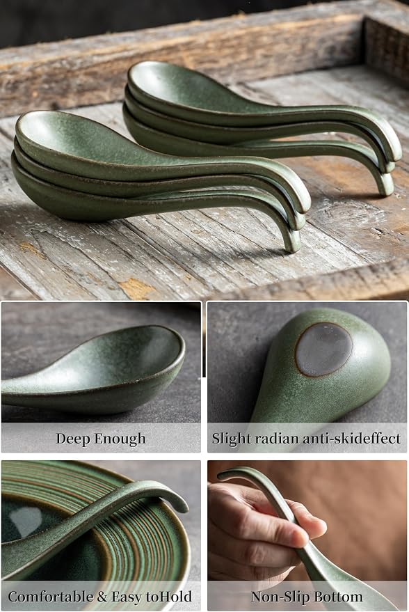 Asian Soup Spoon, Chinese Soup Spoons, Ramen Spoons, Japanese Ceramic Soup Spoon Set of 6,Thanksgiving Christmas Kitchen With Long Handle for Serving, Ramen, Pho, Noodles, Green