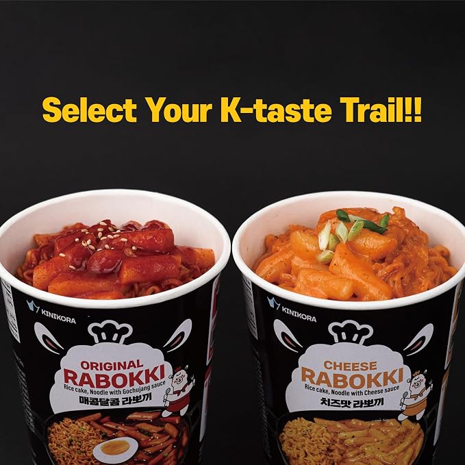KINIKORA Korean Instant Rabokki Cup Variety Pack – Original & Cheese Flavors, 4 Cups Total (2x Original + 2x Cheese) – Quick Korean Ramen & Rice Cake Meal, Ready in 3 Min