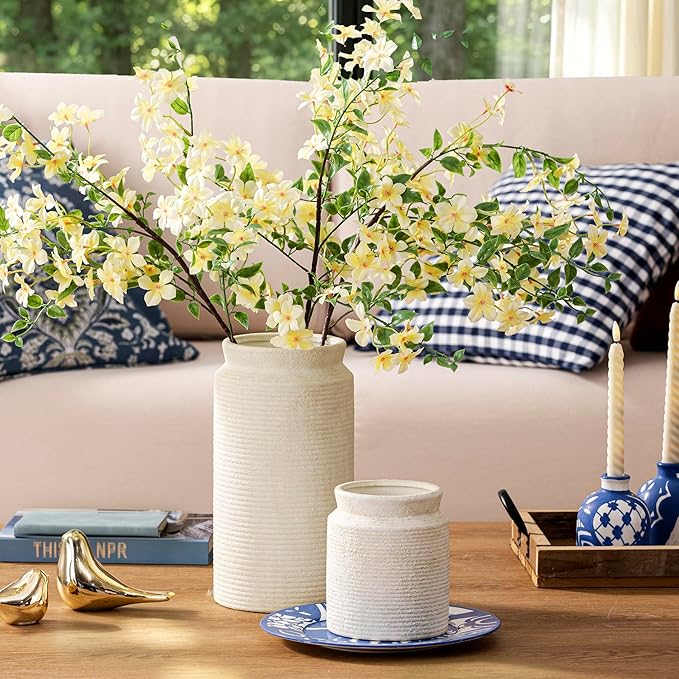 Dobbyby Ceramic Flower Vase 12 inch Farmhouse Rustic Vase for Home Decor Handcrafted Pottery Tall Terracotta Vases for Dining Table Decor Fireplace Living Room Bathroom Wedding Centerpiece (L-White)