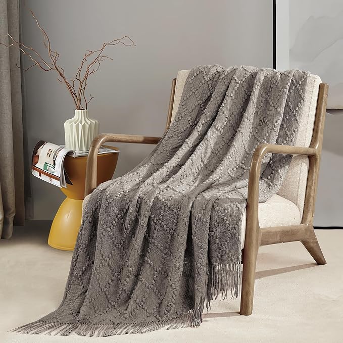 BOURINA Dark Grey Throw Blanket 50 x70 Inch Jacquard Throw Knitted Blanket | Jacquard Argyle Throw Textured Solid Soft Throws and Blankets for Sofa or Bed Knitted Decorative Blanket