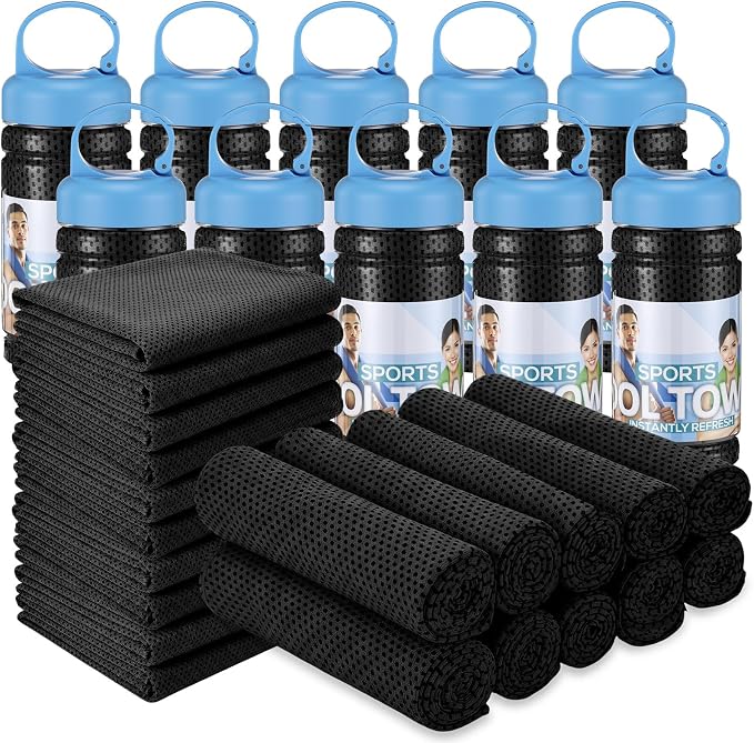 Honoson 20 Pcs Cooling Towels for Neck and Face, 47"x12" Sports Breathable Ice Towels Microfiber Chilly Sweat Rags with Portable Bottle for Gym Golf Athletes Yoga Workout Hot Weather (Black)