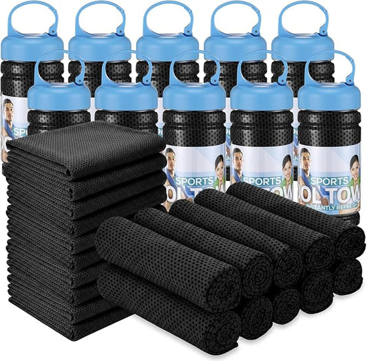 Honoson 20 Pcs Cooling Towels for Neck and Face, 47"x12" Sports Breathable Ice Towels Microfiber Chilly Sweat Rags with Portable Bottle for Gym Golf Athletes Yoga Workout Hot Weather (Black)
