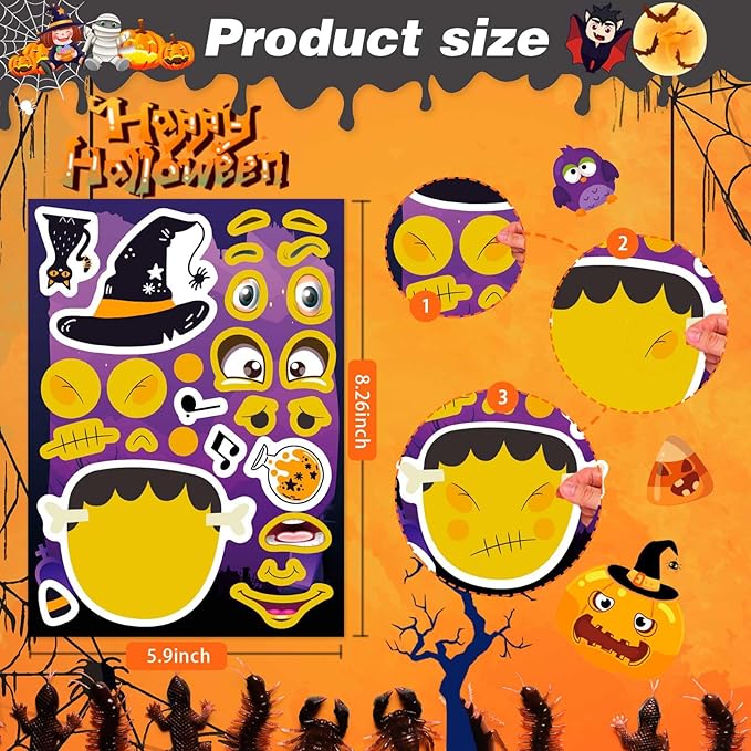 24 PCS Make-a-face Halloween Sticker Make Your Own Halloween Character Mix and Match Sticker with Vampire, Witch, Mummies Zombies, Ghost and Pumpkin Trick or Treat Halloween Goodie Bag Fillers