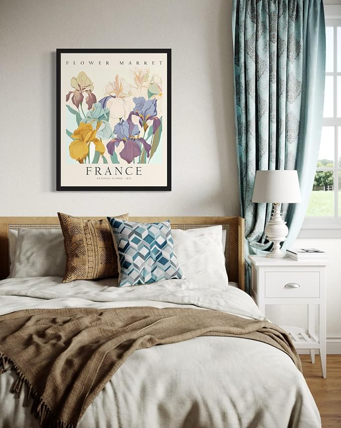 France, Iris Art Print Poster, Flower Market Wall Art, Floral Artwork Decor for Bedroom, Kitchen, Bathroom, Livingroom Decoration 52 (France, Iris, 20"L x 16"W, Black Frame)