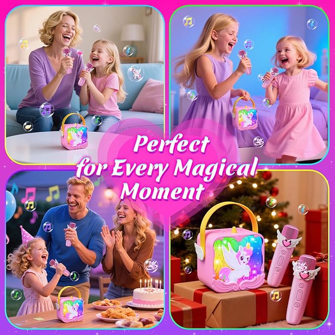 Unicorn Karaoke Machine with Wings & Castle Lights,2 Gem Microphones & 5 Magic Voice,Mini Bluetooth Speaker,Princess Toys & Unicorn Toys for Girls Age 3 4 5 6 7 8 9 10 Valentine's Day Birthday Gifts